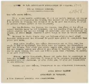 Le 23 août 1942, l’archevêque de Toulouse, Jules-Géraud Saliège envoie une lettre aux curés de son diocèse pour qu’elle soit lue le dimanche dans toutes les églises.