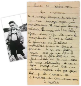 Fuyant l’Autriche en 1938, les parents de Georgy Halpern se réfugient à Paris avec leur unique enfant. Ils confient Georgy à l’OSE, un organisme juif qui se charge de cacher et de protéger les enfants. En avril 1944, Georgy est arrêté avec 43 autres enfants, lors d’une rafle dans la maison où ils sont accueillis, à Izieu, près de Lyon. Ils seront déportés et assassinés à Auschwitz. Dans la lettre qu’il adresse à ses parents, Georgy raconte son quotidien. Il a eu huit ans le 30 octobre 1943.