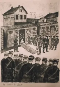 Transférés avec leurs parents dans les camps du Loiret après la rafle du Vél d’Hiv’, les enfants sont ensuite acheminés sans eux le 15 août 1942, à Drancy, dernière étape avant leur déportation. Gare du Bourget Drancy, estampe de Georges Horan.